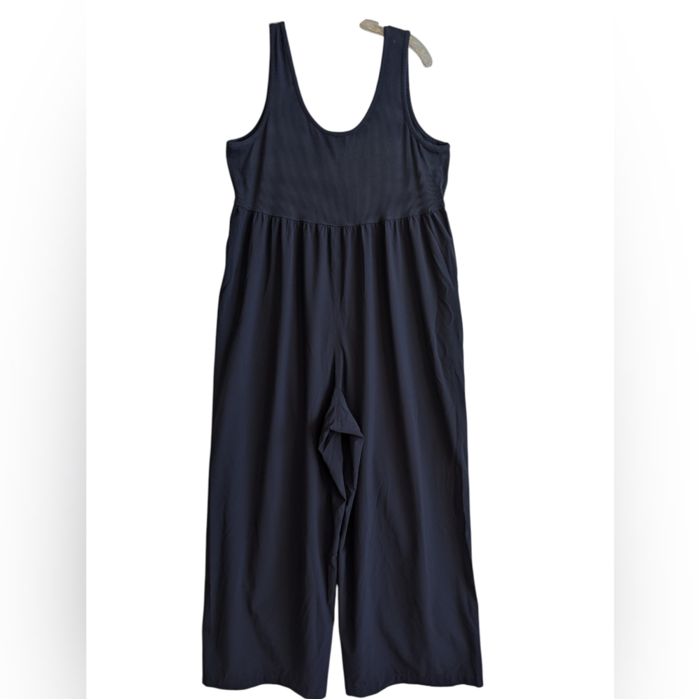 Athleta Navy Blue Jumpsuit Scoop Neck Wide Legs Pockets Athleisure